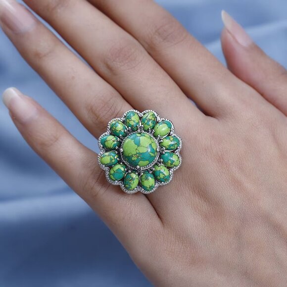 Gift Set: Mojave Green Turquoise Gemstone Floral Ring and Matching Earrings NWT - Picture 3 of 13